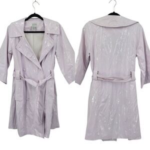 Live A Little Retro White Vegan Patent Leather Belted Trench Coat Sz M Rain Coat